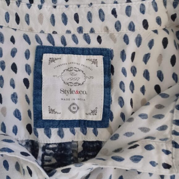 Style & Co Women’s Mixed Print Blouse Shirt Medium Blue Dot Stripe Back Roll Tab - Picture 2 of 9